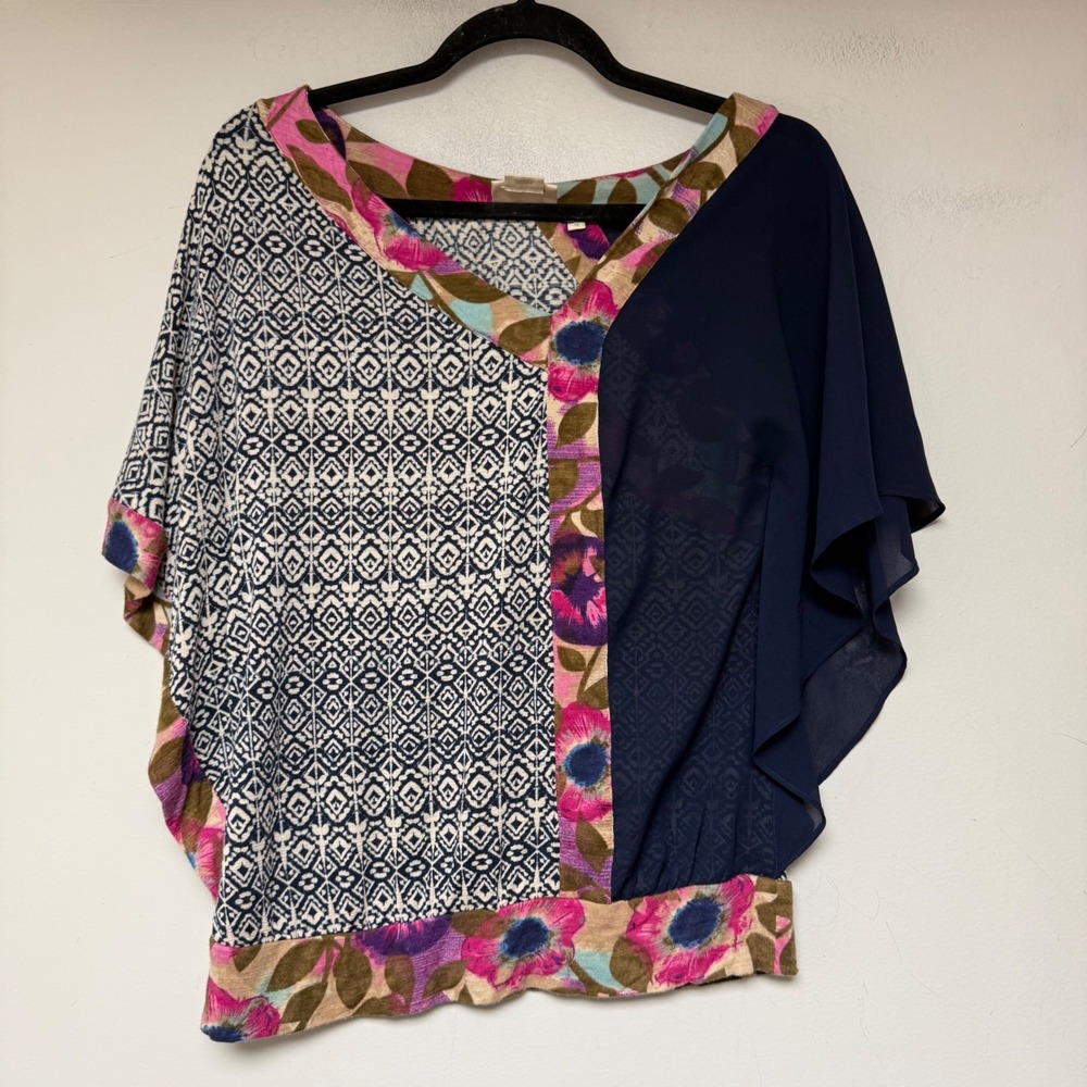 Vanessa Virginia Blouse Womens XS Navy Pinkâ Floral Geometric Mixed Media